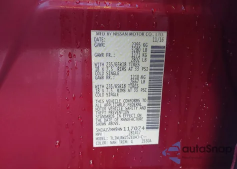 2017 Nissan Murano Sl из США, поврежденный, VIN 5N1AZ2MH9HN117074